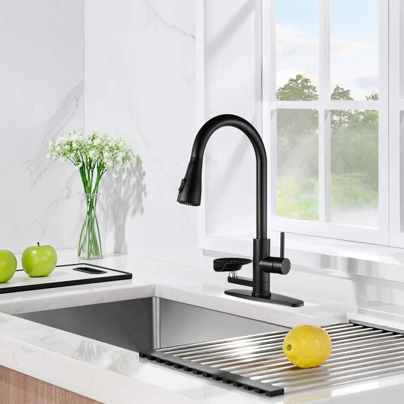3 In 1 Kitchen Faucet With LED Temperature Display, Press Type Glass Rinser, Pull Down Sprayer, 3 Spray Modes - Matte Black