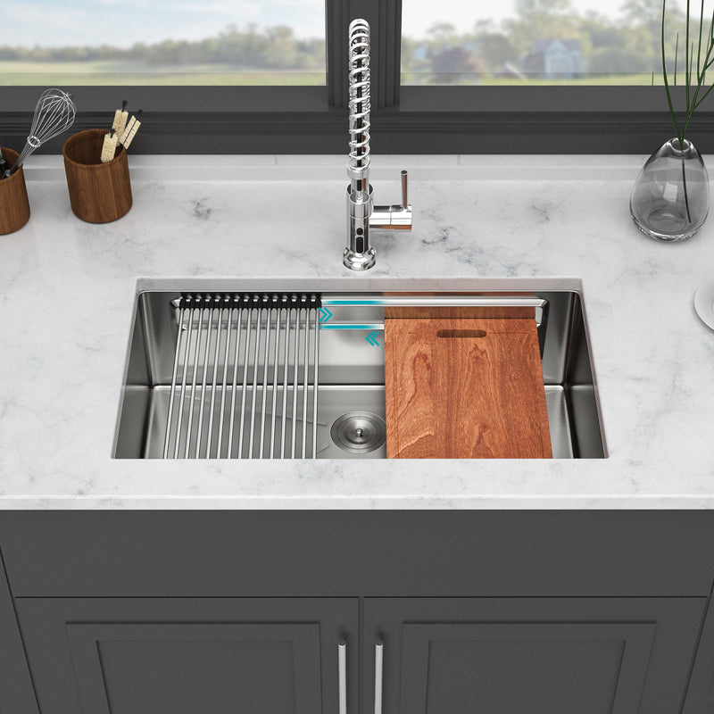 Undermount Kitchen Sink, Single Bowl With Ledge Workstation, 16 Gauge Stainless Steel - Brushed Nickel