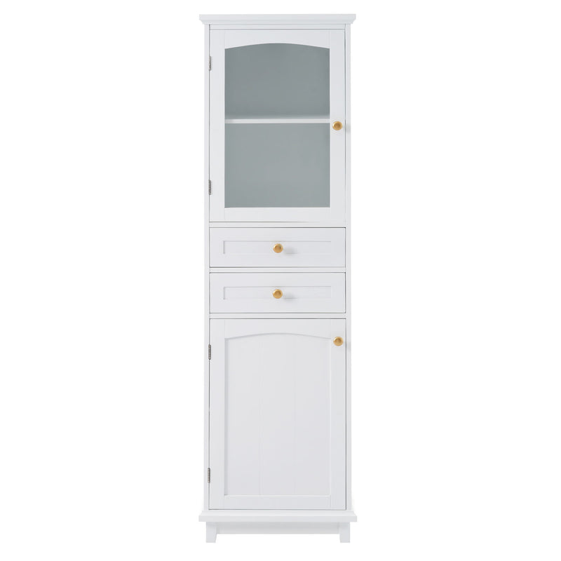 Tall Bathroom Storage Cabinet With Glass Doors, Free-Standing, Two Drawers, And Adjustable Shelves, Board, Painted Perfect For Displaying Your Favorite Items
