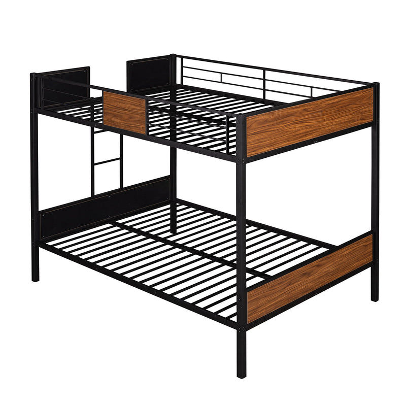 Full Over Full Bunk Bed Modern Style Steel Frame Bunk Bed With Safety Rail, Built-In Ladder For Bedroom - Brown