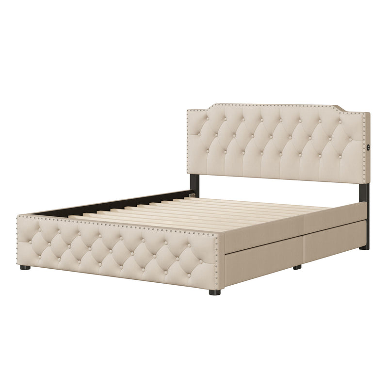 Upholstered Platform Bed With 2 Drawers And 2 Sets Of USB Ports On Each Side, Fabric