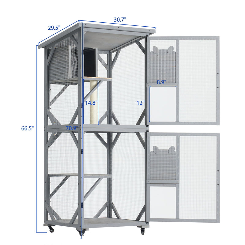 Large Cat House Outdoor Catio Cat Enclosures On Wheels, Kitty House With Upgraded Resting Box Waterproof Roof - Gray