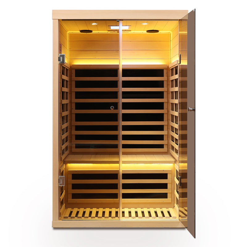 Low EMF, Wide Space Hemlock Double Doors Great Glass Luxury Indoor Far Infrared Sauna Room