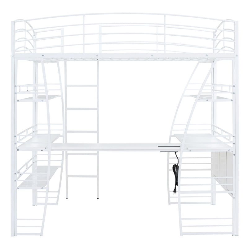 Loft Bed With 4 Layers Of Shelves And L-Shaped Desk, Stylish Metal Frame Bed With A Set Of Sockets, USB Ports And And Wireless Charging