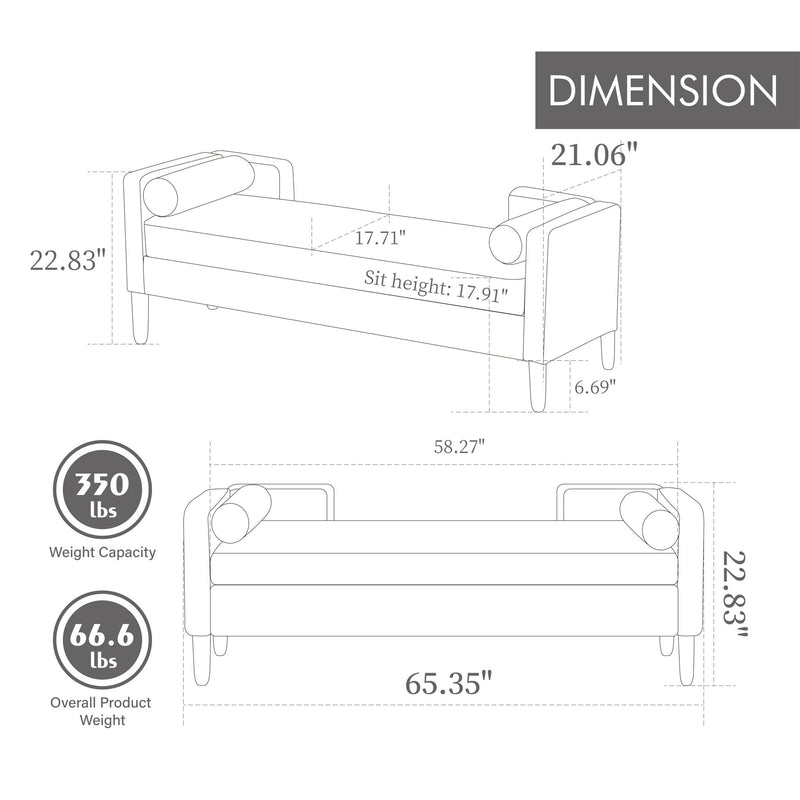 Wide Storage Soft Bench With Armrests, Backrest And Two Bolster Pillows