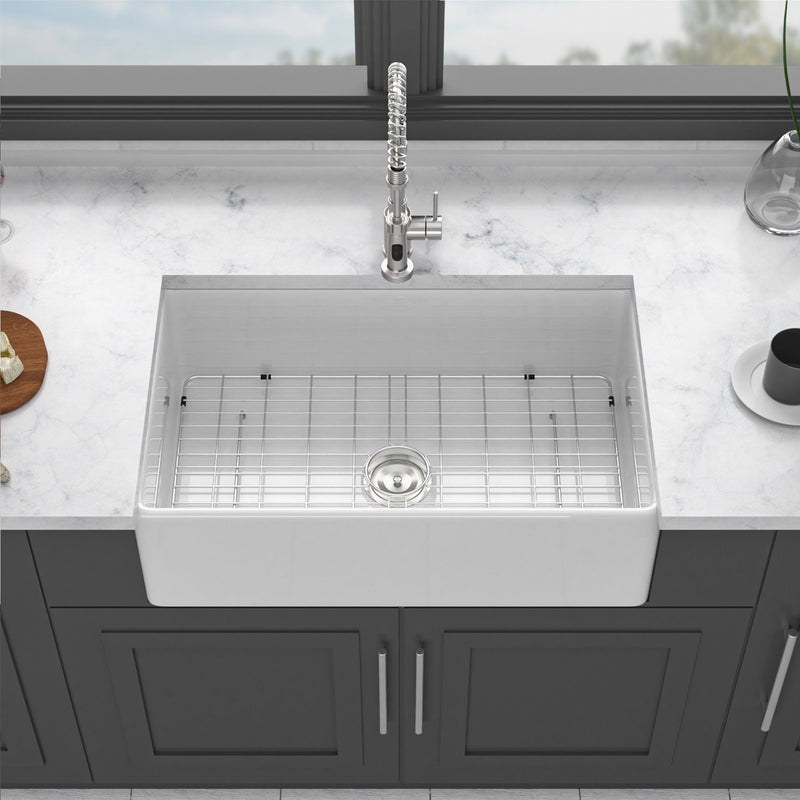 Ceramic Farmhouse Sink With Deep Basin And Stainless Steel Grid