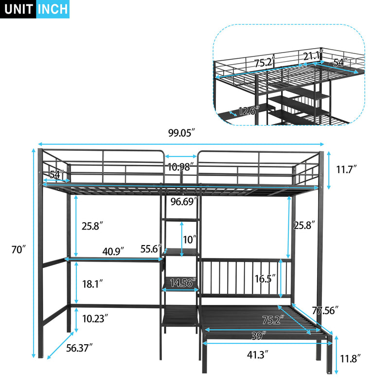 Full Over Twin Bunk Bed With Built In Desk, Shelves And Ladder - Black