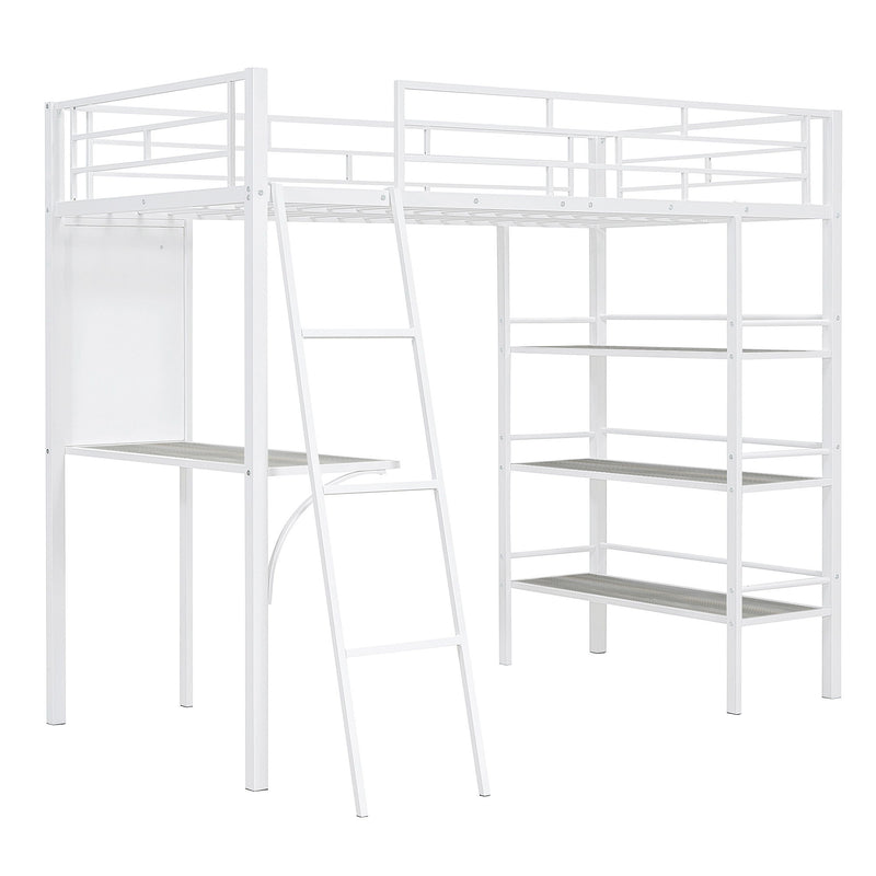 Loft Metal Bed With 3 Layers Of Shelves And Desk, Stylish Metal Frame Bed With board