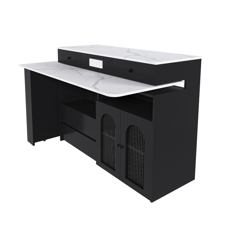 Kitchen Island With Extendable Rotating Table, 4 Drawers & Glass Door Cabinets, Built In Socket - Black