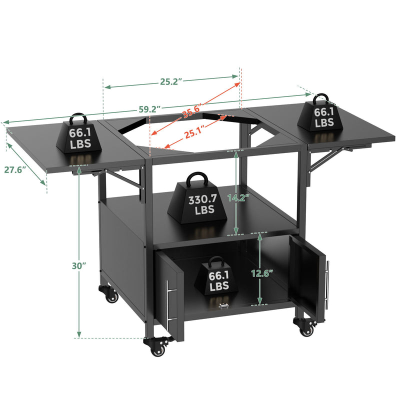 Outdoor Grill Table For Big Egg Style Bbq Metal Grill Cart With 2 Folding Panels Metal - Black