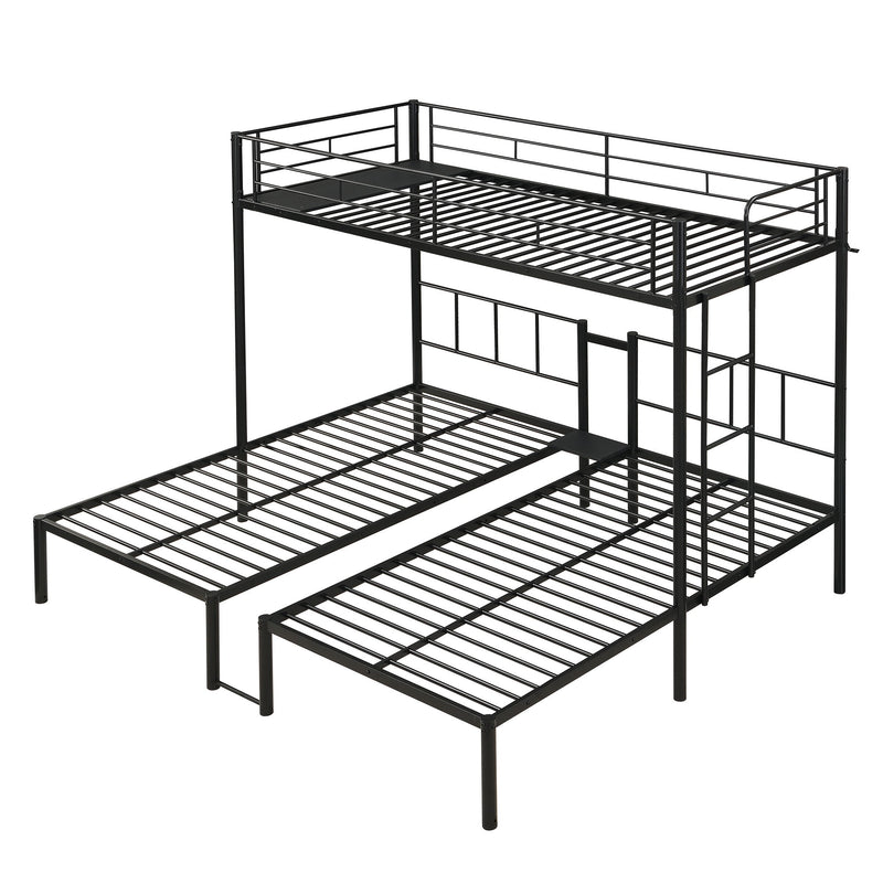 Twin Over Twin Over Twin Triple Bunk Bed With Safety Rails And Storage Shelf - Black