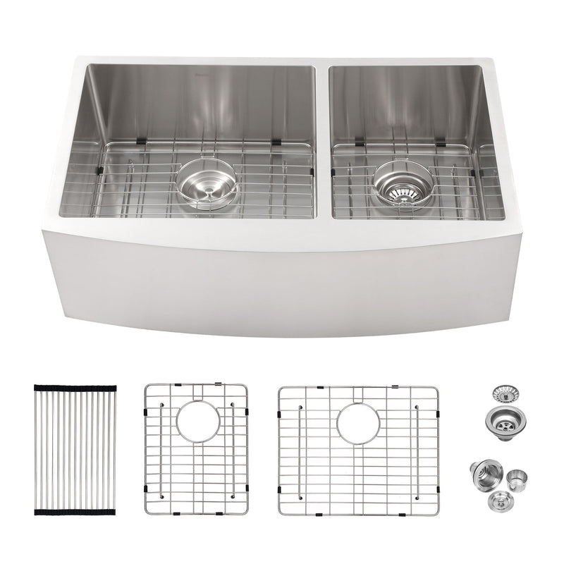 Double Bowl Sink 60 / 40 Split Apron Front Kitchen Sink In 16 Gauge With 2 10" Deep Basins 33" X21" X10" - Brushed Nickel
