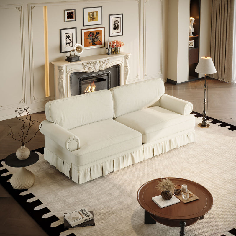 Luxuriously Comfortable Cloud Couch Sofa With Elegant Rolled Arms & Pleated Skirt Design
