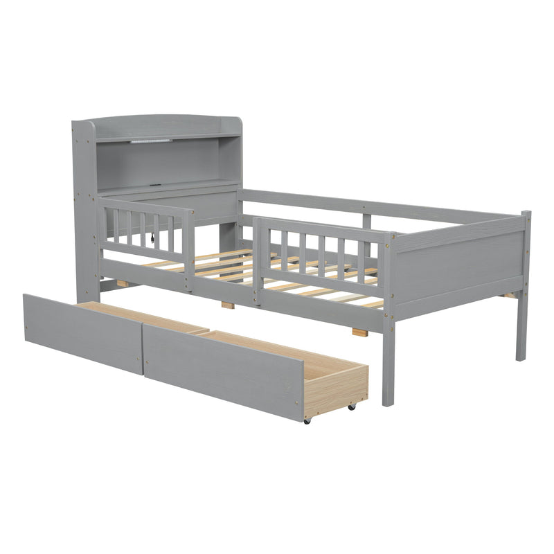 Platform Bed With LED Light, Multi Functional Headboard, Guardrail And 2 Drawers