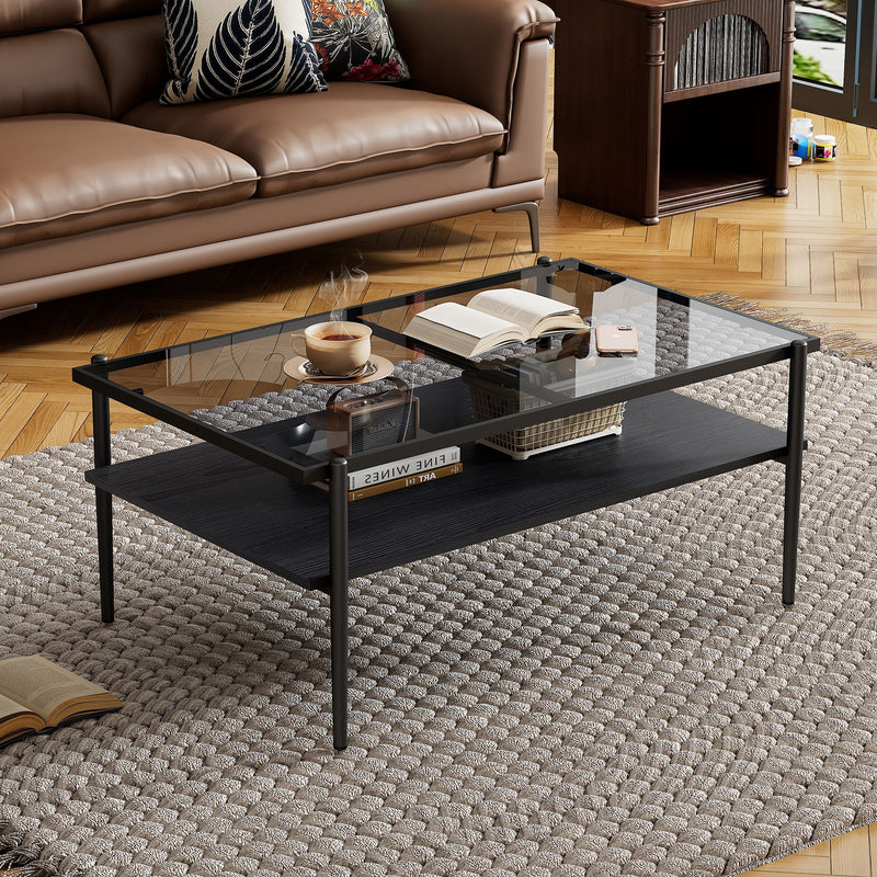 Rectangle Coffee Table With Tempered Glass Top And Legs, Modern Table For Living Room