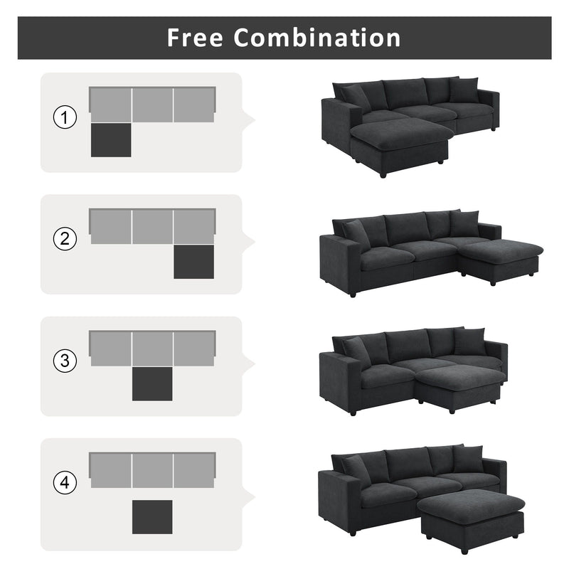 Modern Sectional Sofa, L-Shaped Couch Set With 2 Free Pillows, 4-Seat Fabric Couch Set With Convertible Ottoman For Living Room, Apartment, Office