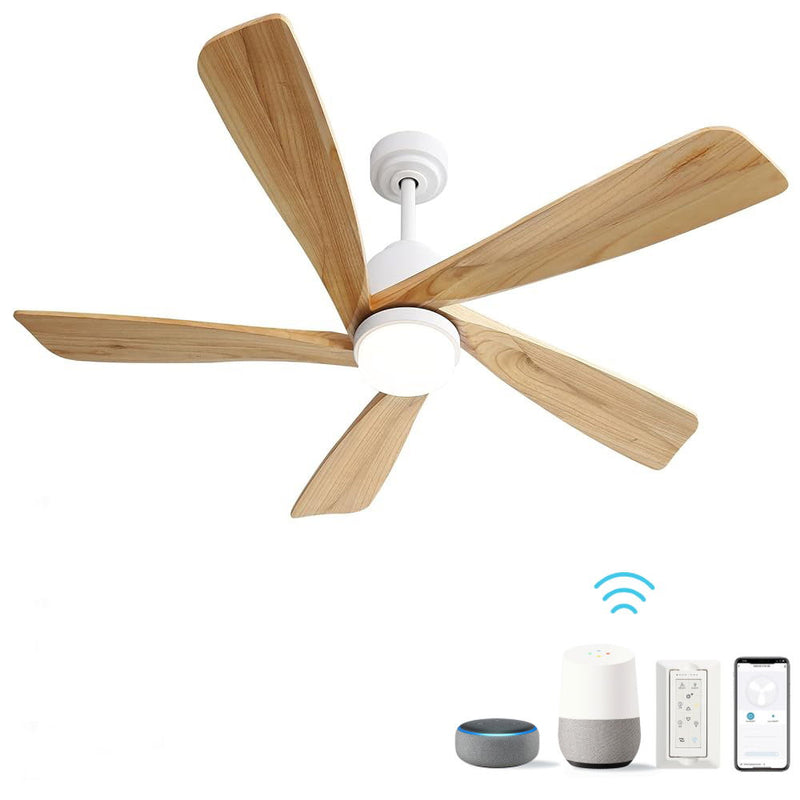Indoor Ceiling Fan With Dimmable LED Light 5 Solid Wood Blades Remote Control Reversible DC Motor With Smart App Control