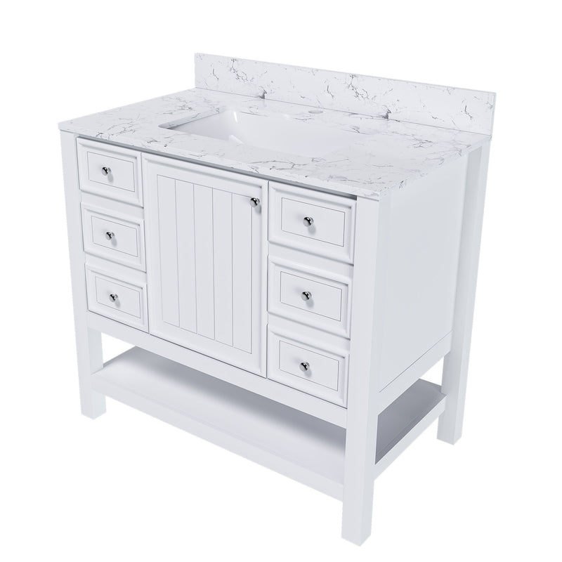 37" Bathroom Vanity, Multi Functional Cabinet With Doors And Drawers, Frame, Single Faucet Hole - White