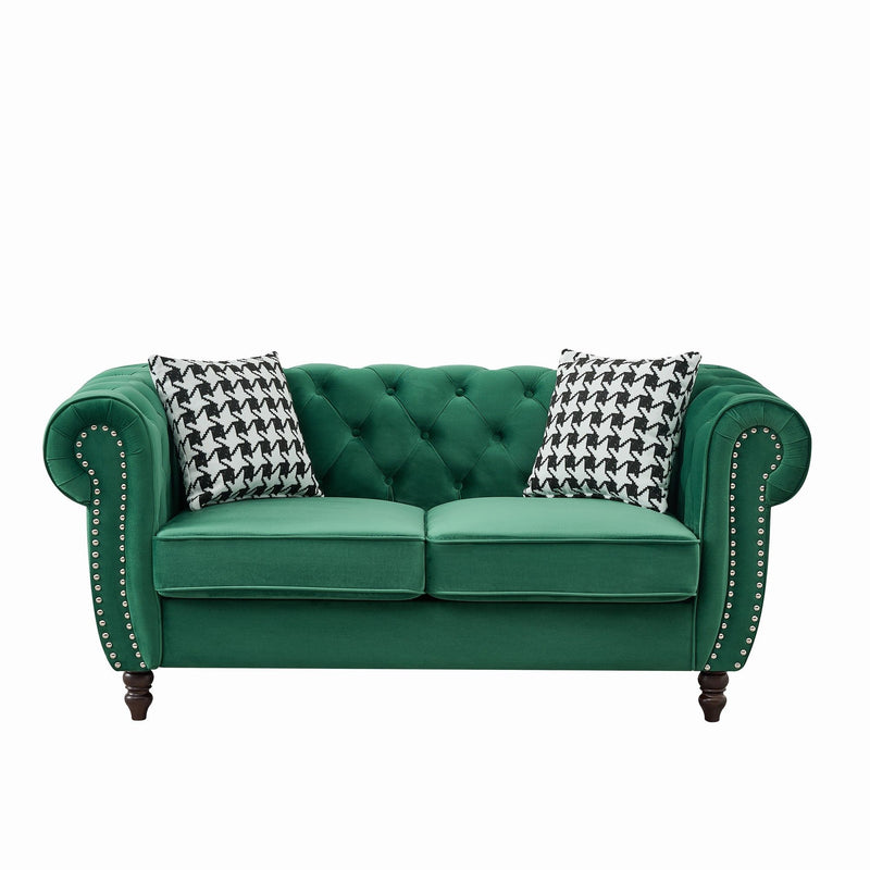 Chesterfield Fabric Sofa With Roll Armrest And Nailhead, Mid Century 2 Seater Couch
