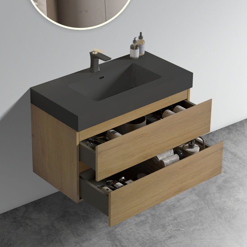 Alice - Natural Oak Bathroom Vanity With Sink, Large Storage Wall Mounted Floating Bathroom Vanity For Modern Bathroom, One-Piece Sink Basin Without Drain