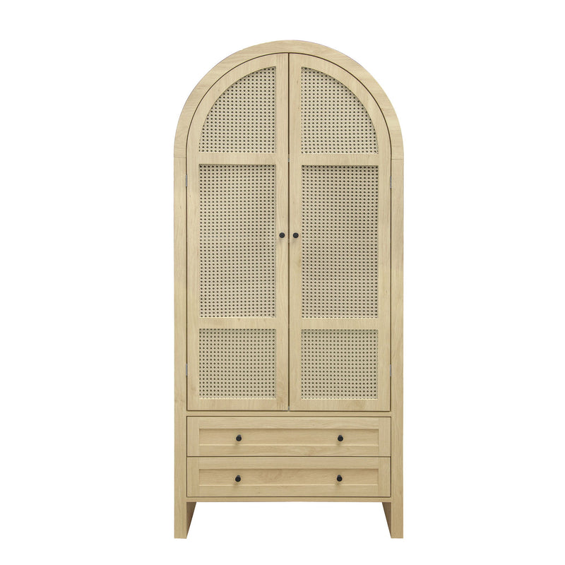 Tall Arched Kitchen Pantry, Arched Storage Display Cabinet With 2 Drawers & Adjustable Shelves, Rattan Door Versatile Storage Cabinet For Kitchen, Dining Room, Living Room - Natural