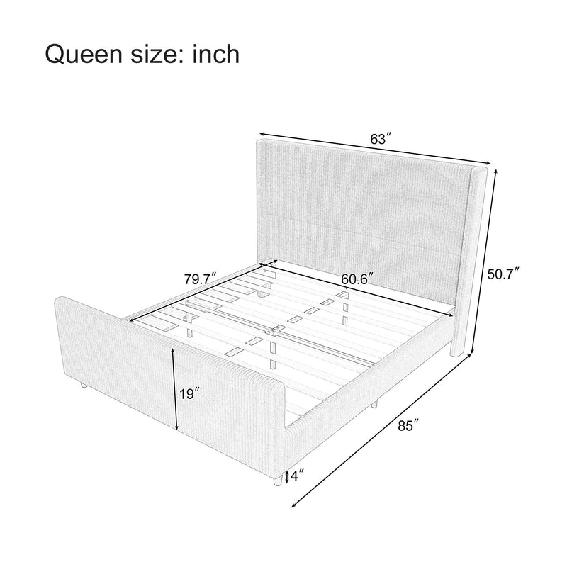 Upholstered Bed Frame With Vertical Stripe Wingback And High Footboard