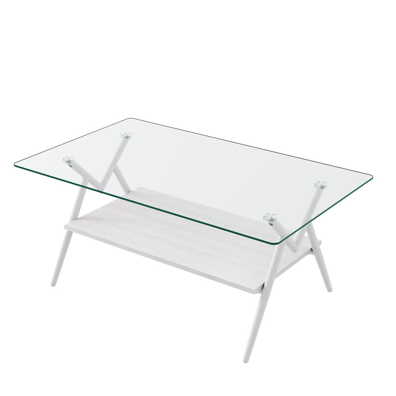 Rectangle Coffee Table With Tempered Glass Top And Shelf