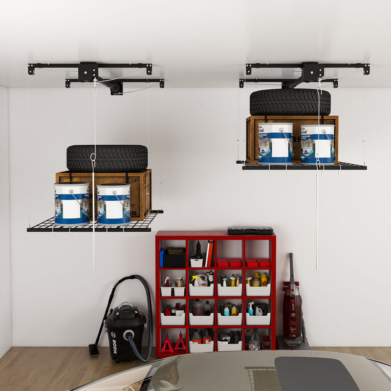 Overhead Garage Storage Rack 4 X 4 Ft For High Ceilings, With Safety Lock - Black