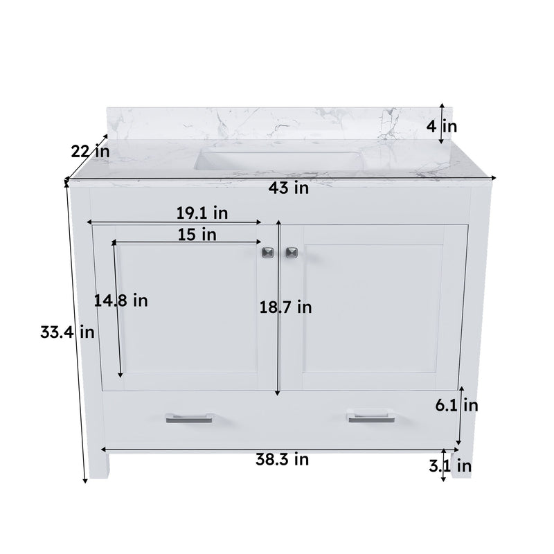 43" Bathroom Vanity With Artificial Marble Carrara Top Set, Multi Functional Bathroom Cabinet With Doors And Drawer - White