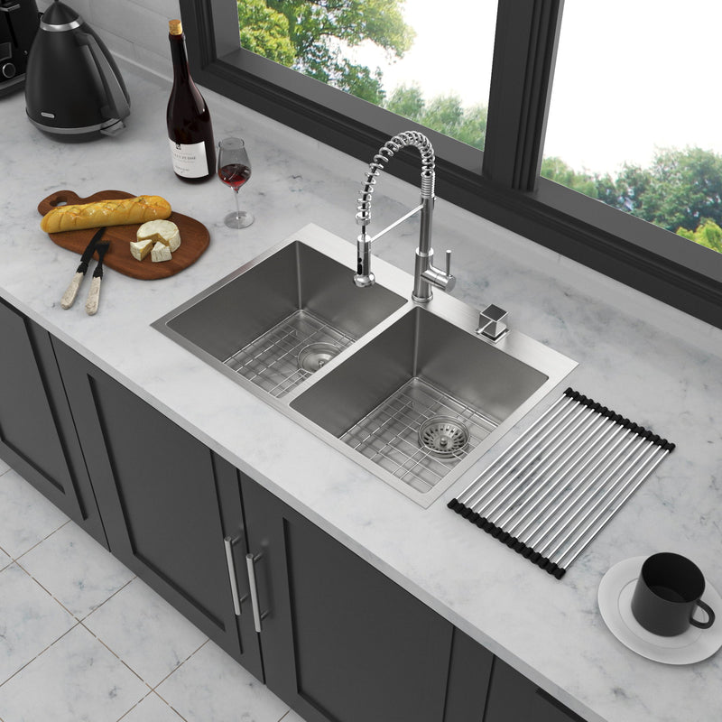 Modern Farmhouse Double Bowl Drop In Sink With 50 / 50 Split Design Stainless Steel - Brushed Nickel