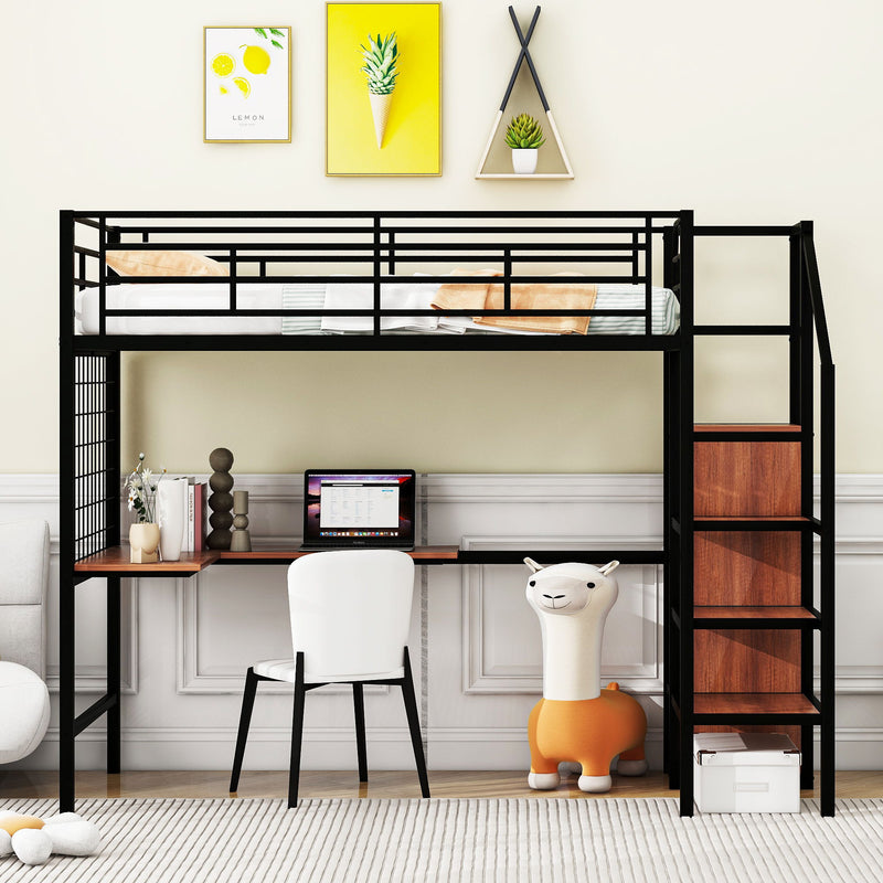 Loft Bed With Desk And Grid, Stylish Frame With Lateral Storage Ladder And Wardrobe