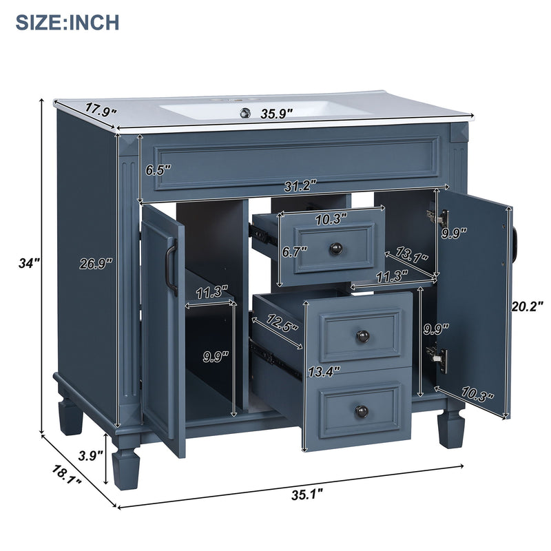 36" Bathroom Vanity With Top Sink, Basin On Cabinet With 2 Soft Closing Doors And 2 Drawers - Blue