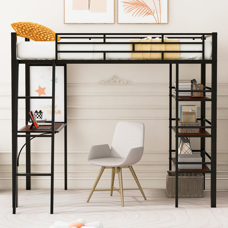 Loft Metal Bed With 3 Layers Of Shelves And Desk, Stylish Metal Frame Bed With board