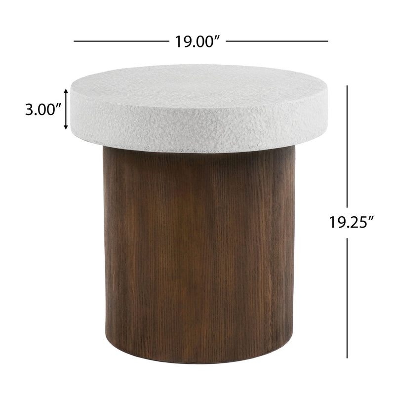 Mgo Cylindrical Side Table With Faux Stone Top And Wood Faux Base - Antique White / Natural