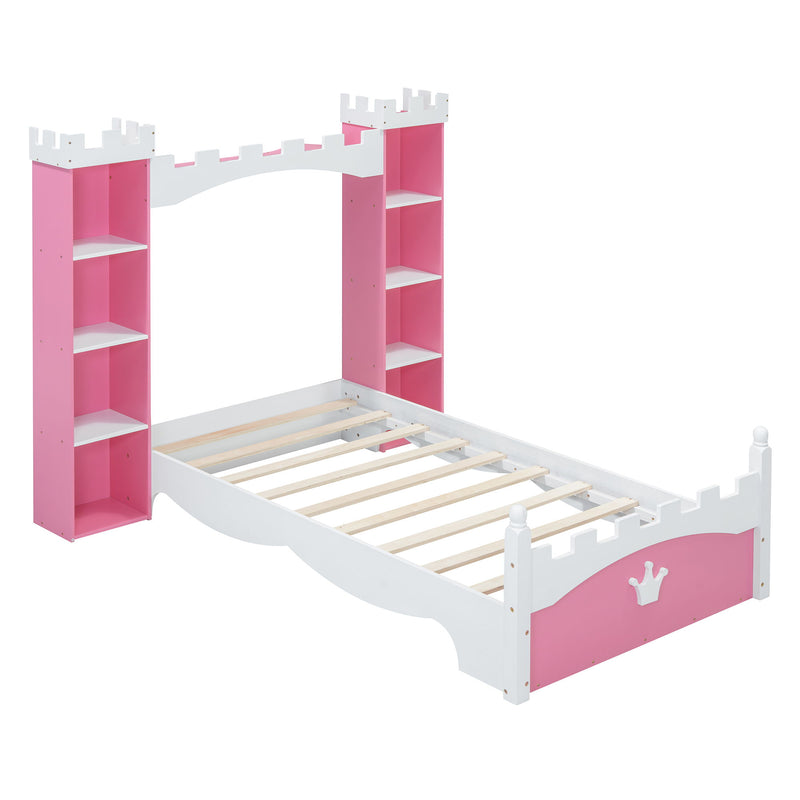 Castle Shaped Bed With Storage Shelf, Dreamy Platform Bed For Kids Bedroom