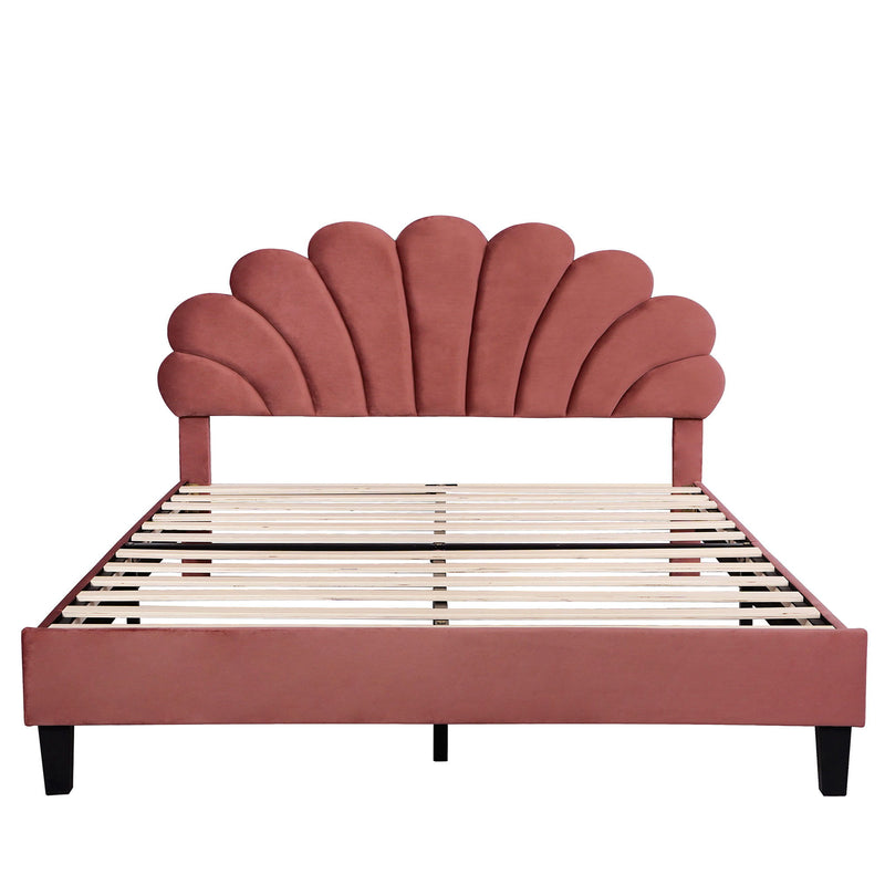 Upholstered Platform Bed With Flower Pattern Headboard