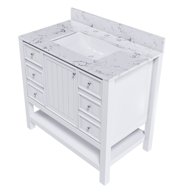 37" Bathroom Vanity With Artificial Marble Carrara Top, Multi Functional Cabinet With Doors And Drawer - White