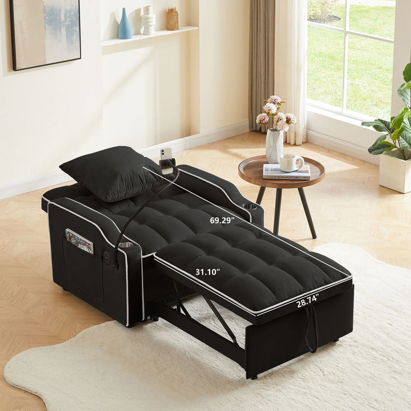 Convertible 3 In 1 Sofa Bed With Adjustable Sleeper Chair And Multi Pockets