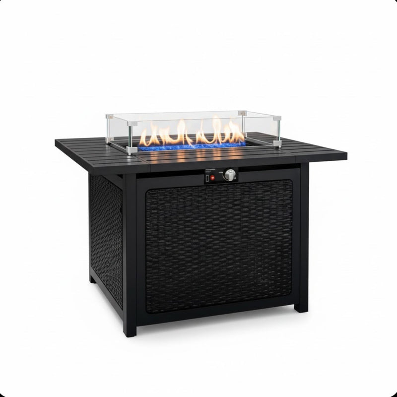 Outdoor 2 In 1 Propane Fire Pit Table With Lid & Glass Shield, Rectangular Fire Table, Lava Rock & Cover - Black