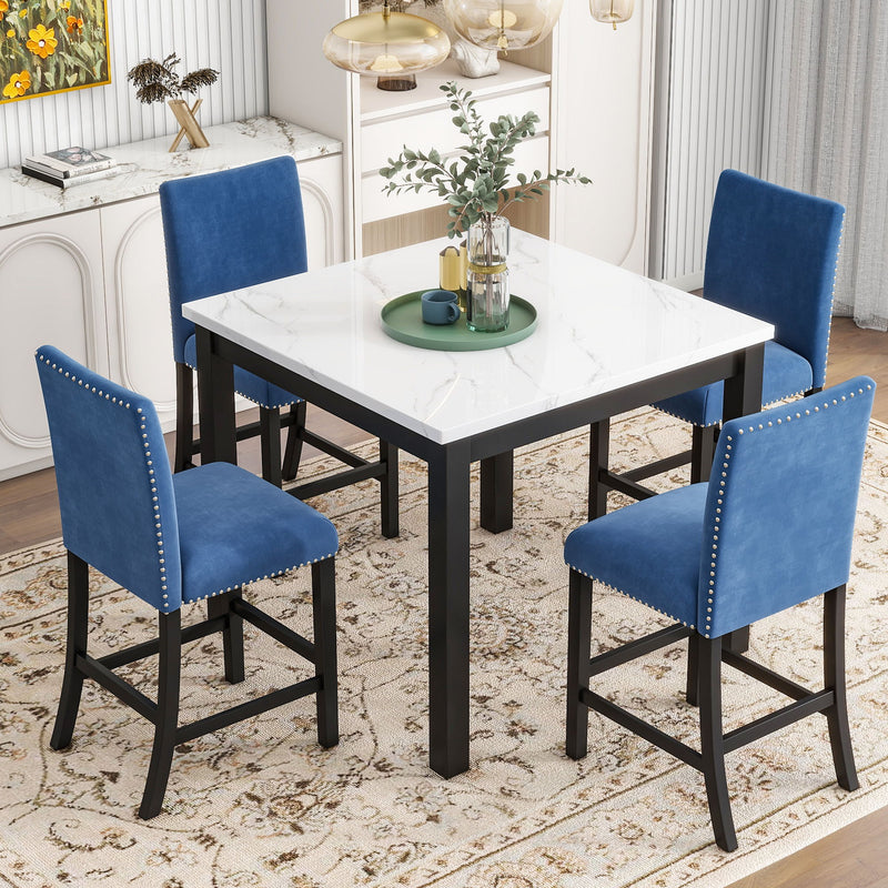 5-Piece Counter Height Dining Table Set With One Faux Marble Top Dining Table And Four Upholstered Chairs