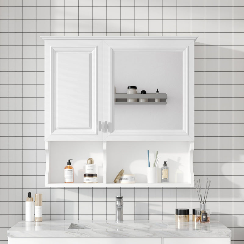 Wall Mounted Mirror Medicine Cabinet, Bathroom Storage With Doors And Open Shelves