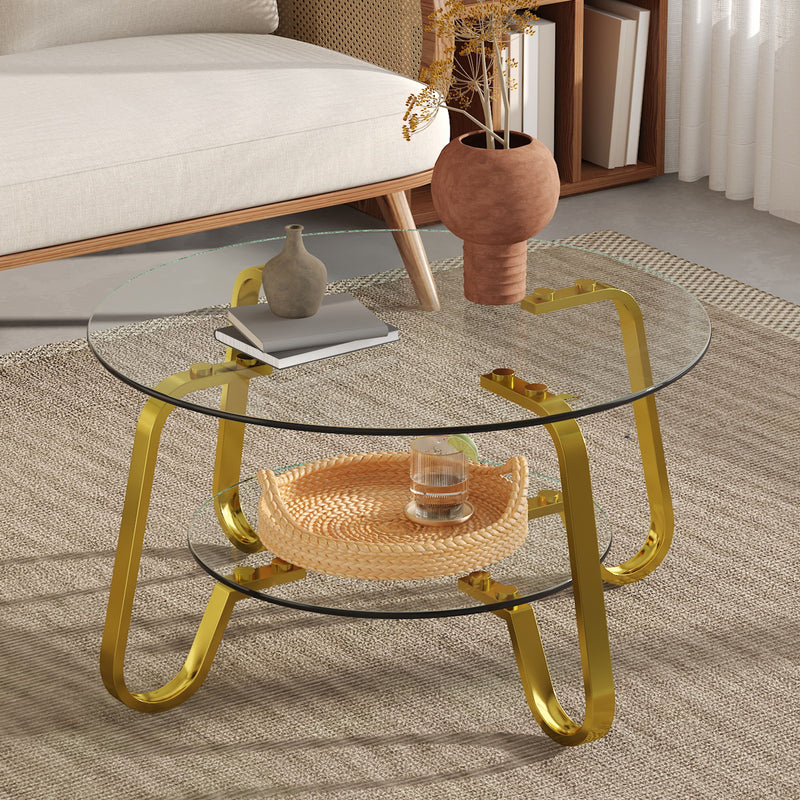 Retro Minimalist Style Metal Frame Double Layer Tempered Glass Coffee Table