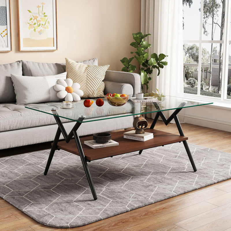 Rectangle Coffee Table With Tempered Glass Top And Shelf
