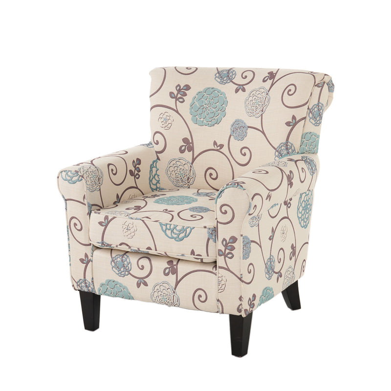 Upholstered Chair With Floral Pattern Design And Solid Wood Legs - Multi Color