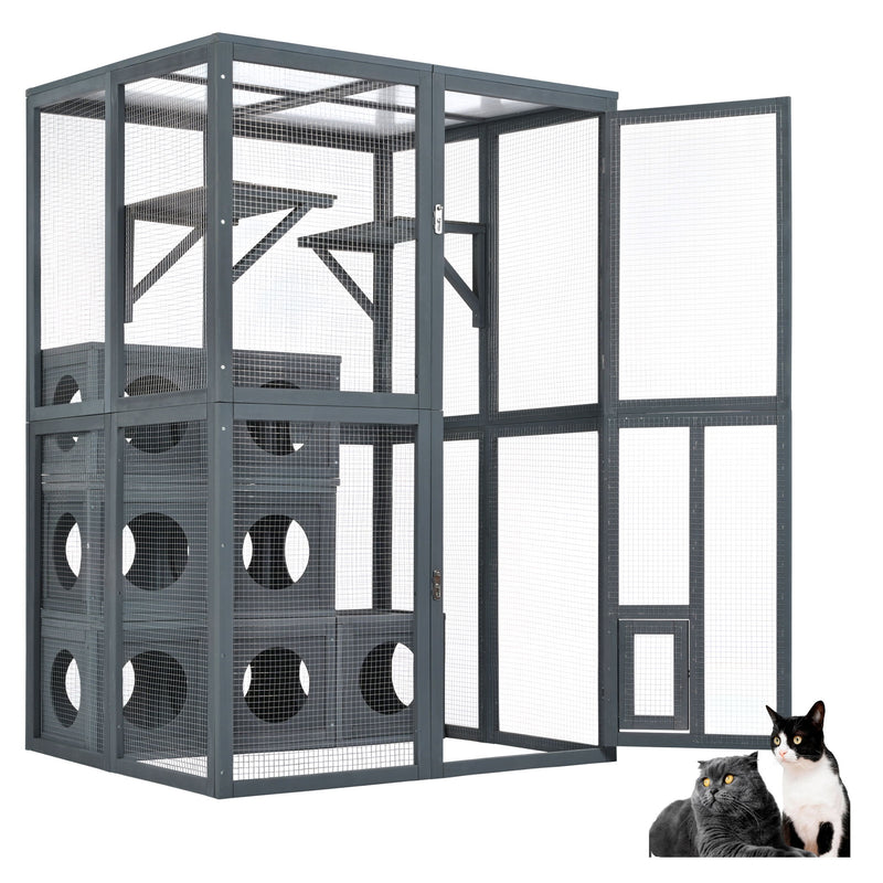 Outdoor Cat House With Shelves And Weather Protection, Removable Wood Boxes - Gray