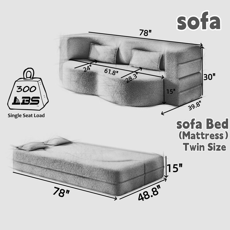 Modern Floor Sleeper Sofa Bed With 2 Pillows, Convertible Twin Size Folding Mattress For Living Room