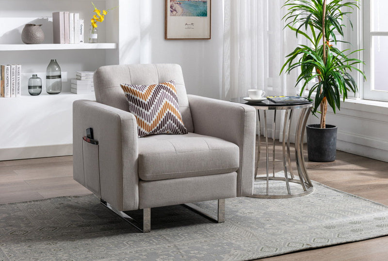 Victoria - Fabric Armchair With Metal Legs, Side Pockets, And Pillow