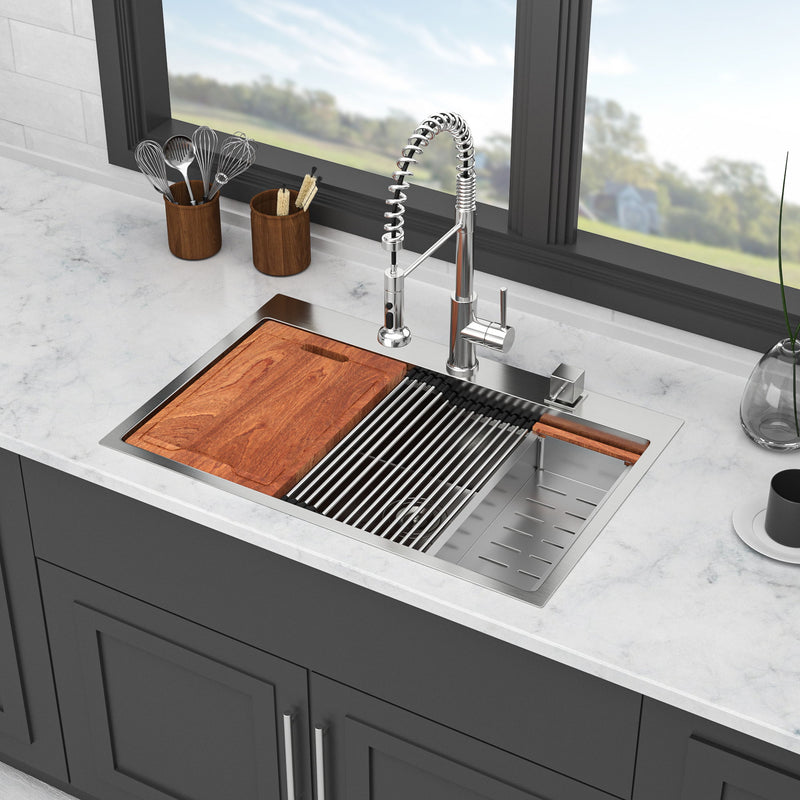 33" Drop In Kitchen Sink With Ledge Workstation, Single Bowl, 16 Gauge Stainless Steel - Black / Gray