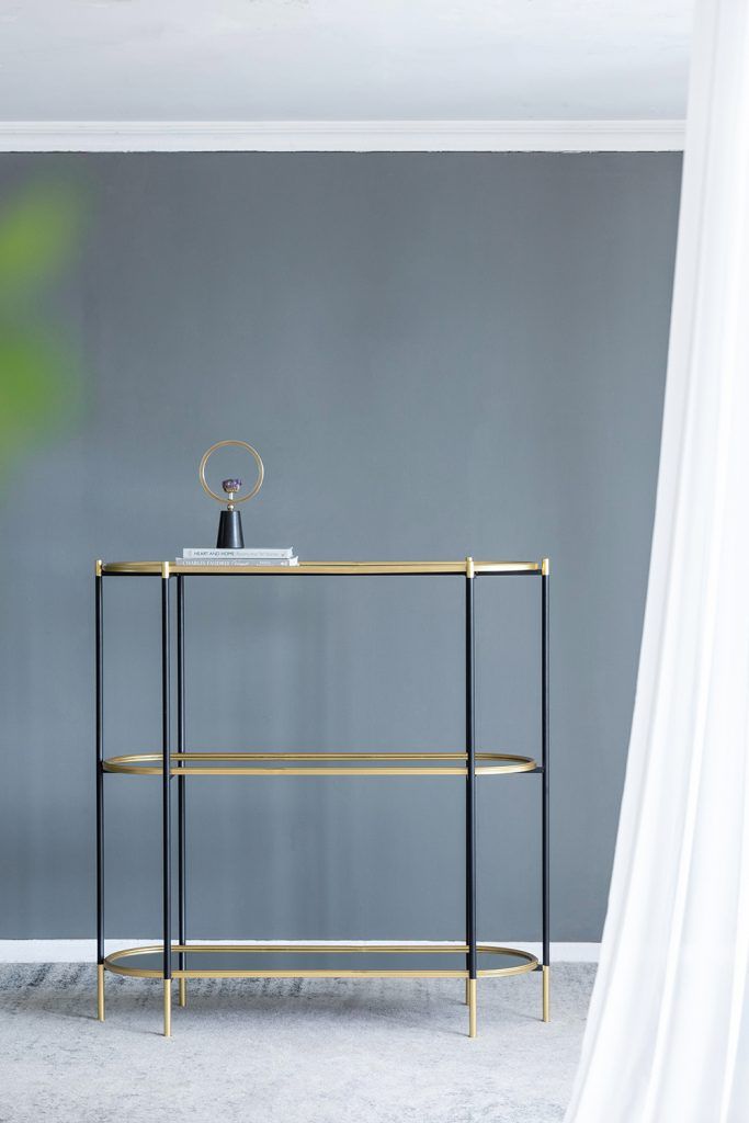 3 Tier Metal Console Table, Mirrored Shelf - Golden Black