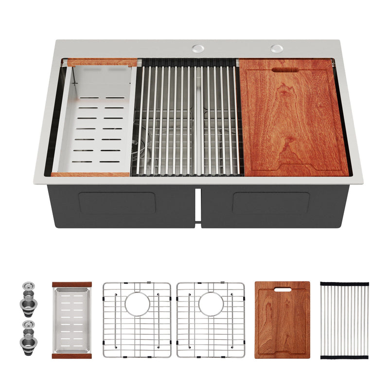 Topmount Drop In Kitchen Sink, Double Bowl Stainless Steel - Brushed Nickel